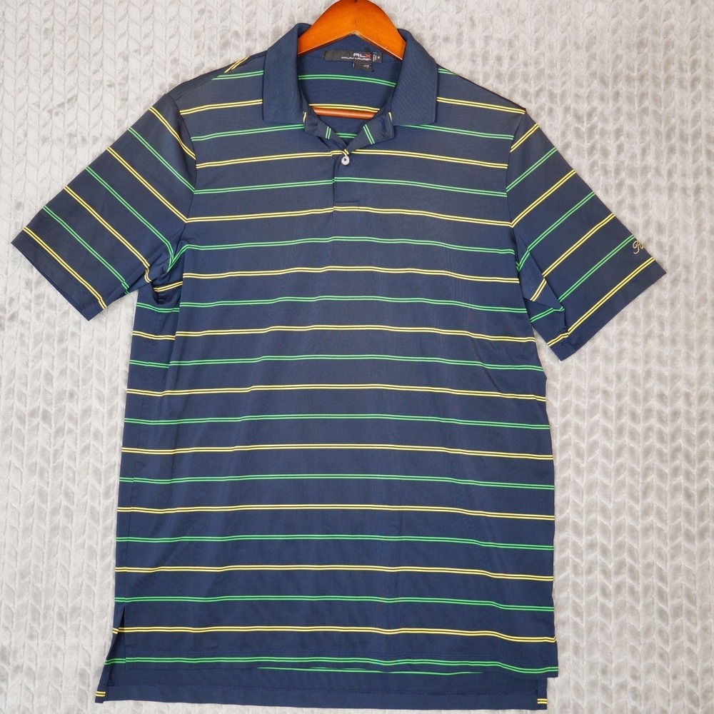RLX Ralph Lauren‎ Polo Men M Navy Blue Striped Golf Athletic Performance Stretch
